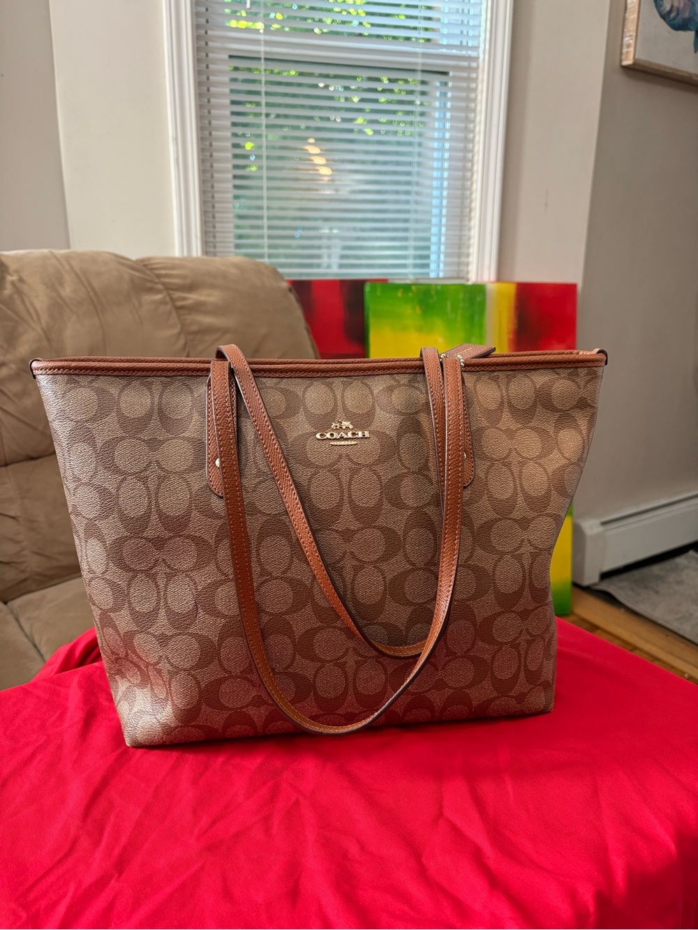 Coach Brown Signature Canvas Tote with Leather Trim C1632-F36876